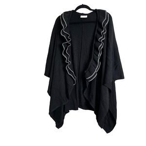 Taleen Womens Black Ruffled Gray Trim Open Wrap Sweater One Size
